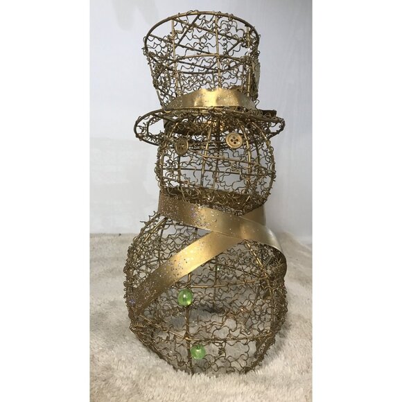 Vintage Gold Wire Glitter Snowman Sculpture Decoration 12" Tall - Picture 7 of 8
